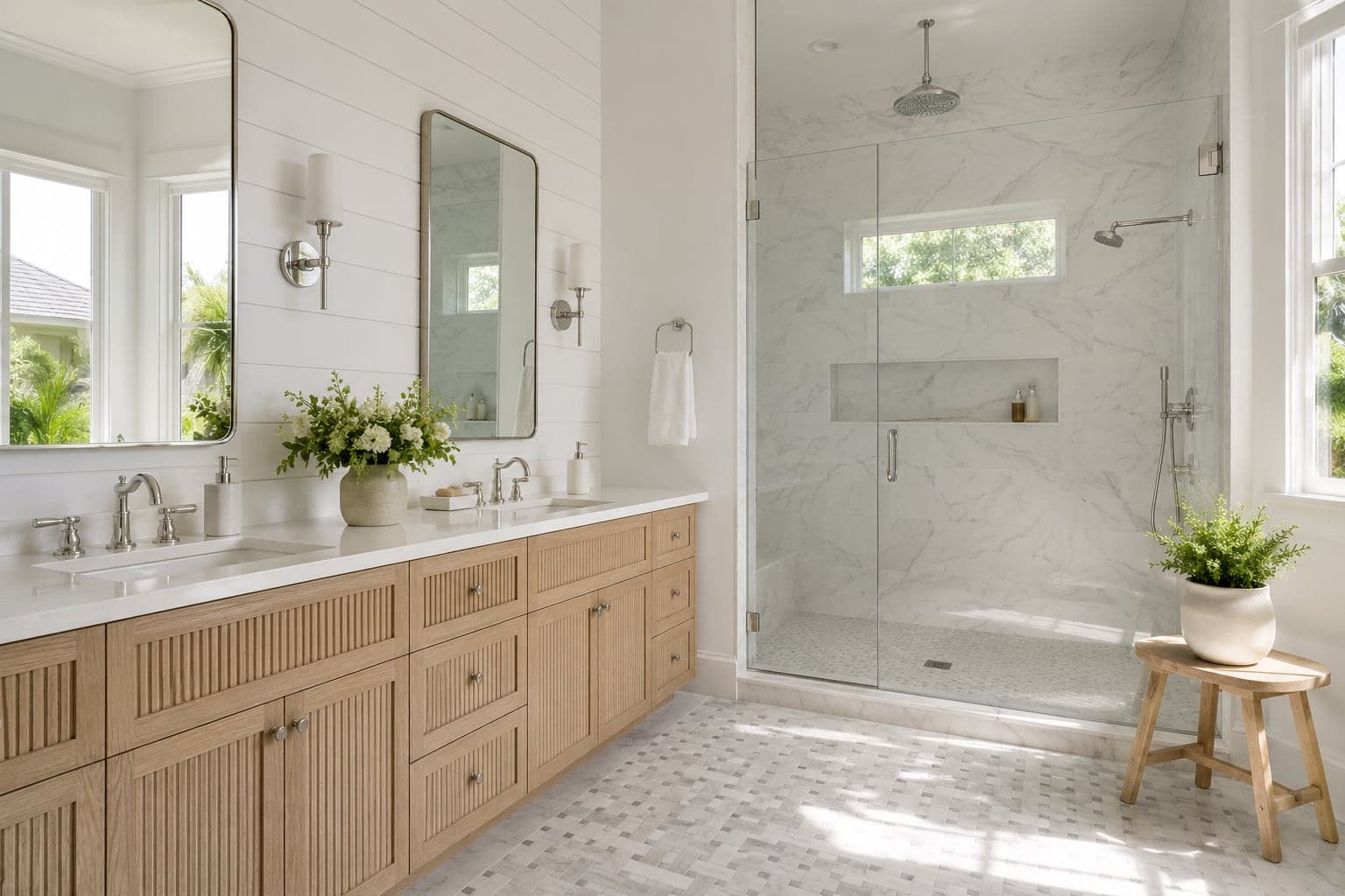Primary bathroom with a fluted oak vanity, shiplap walls, and a marble walk-in shower