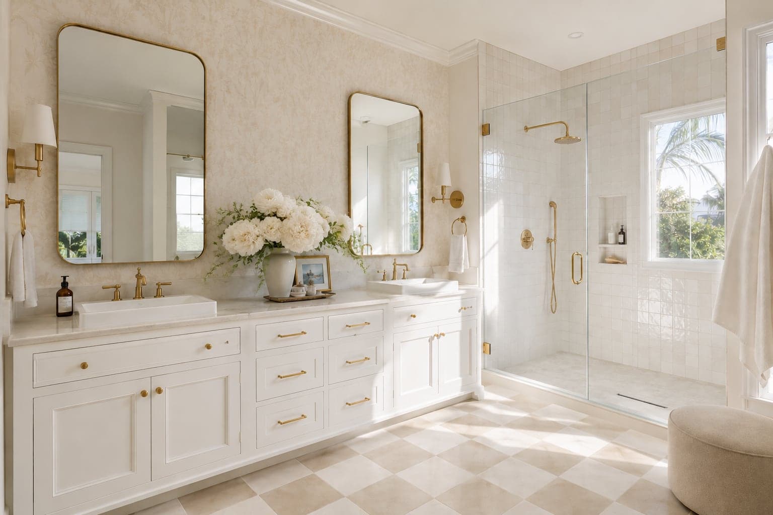 Primary bathroom with gold fixtures, a checkerboard tile floor, and a glass shower