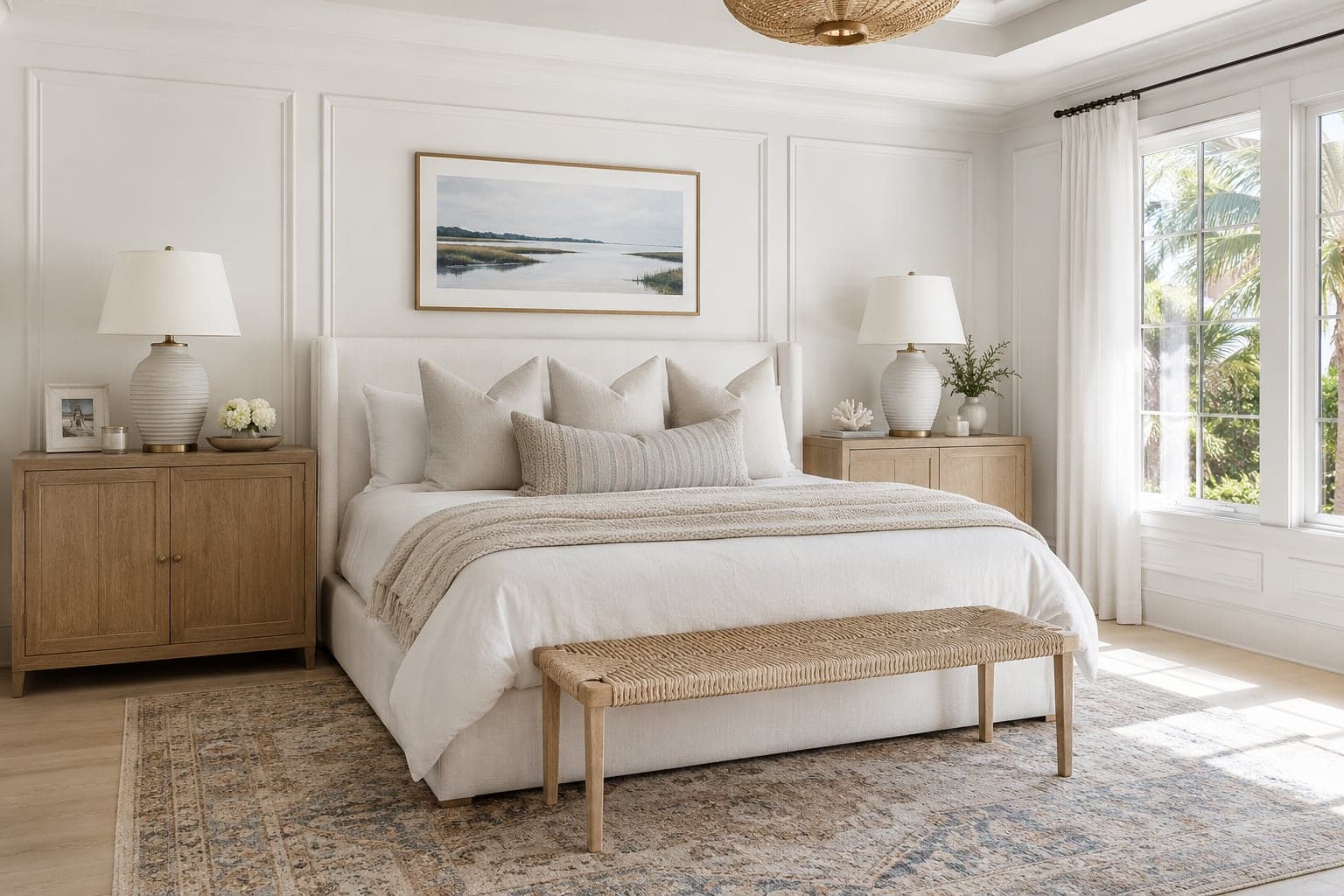 Primary bedroom with an upholstered bed, framed marshland artwork, and a woven bench at the foot