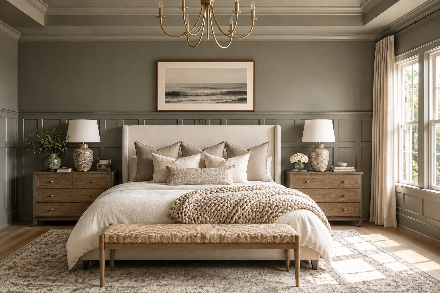 Primary bedroom with sage panelled walls, a brass chandelier, and a chunky knit throw
