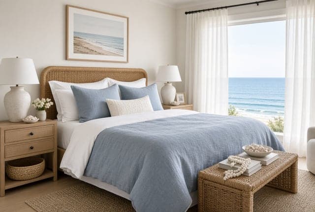 Bedroom with a cane headboard, blue linen bedding, and a beach view