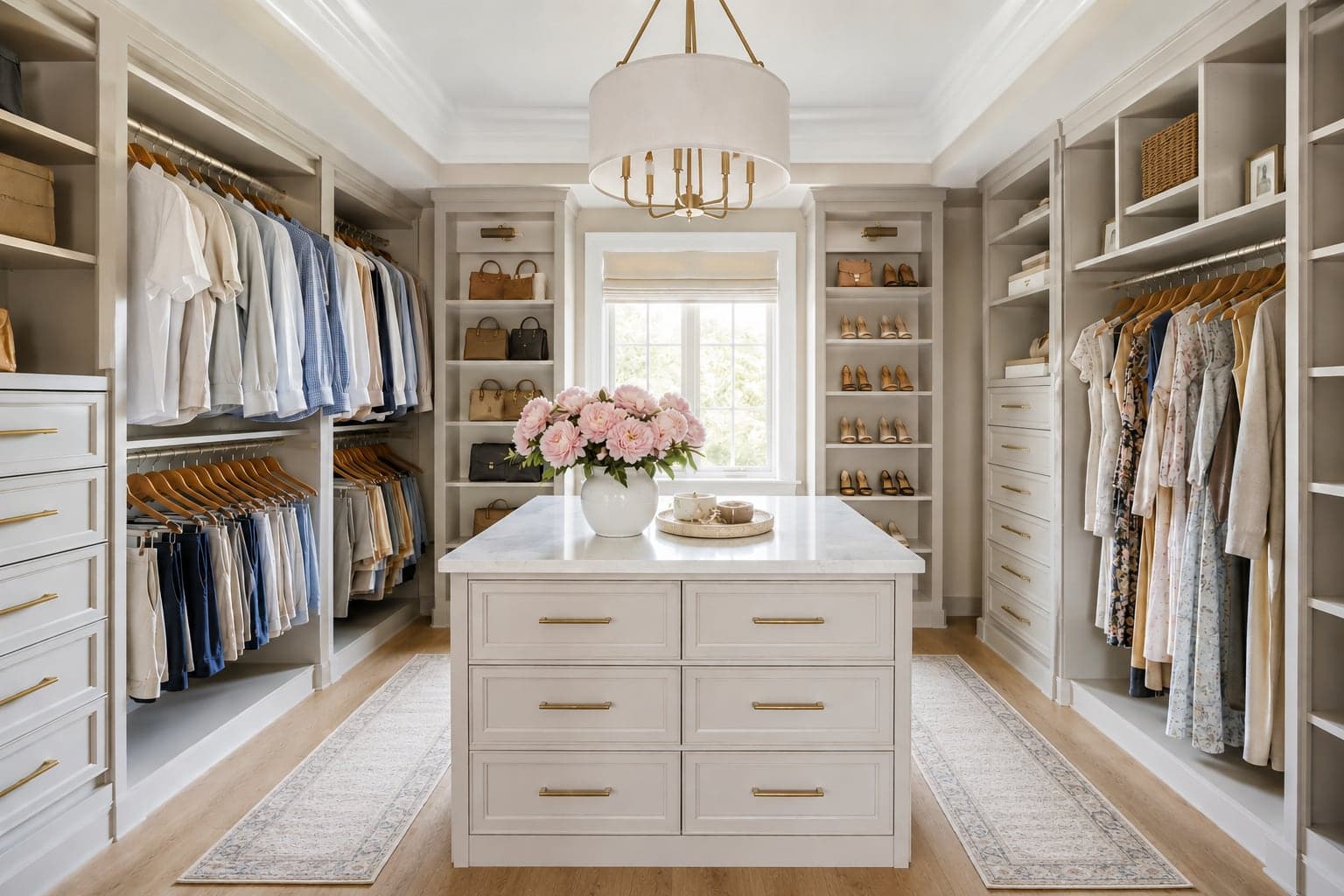 Walk-in closet with a marble-topped island, brass fittings, and open shelving
