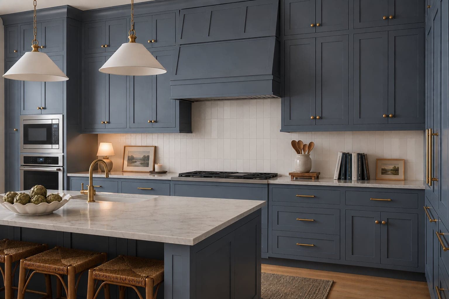 Kitchen with slate blue cabinetry, brass hardware, a marble island, and woven counter stools