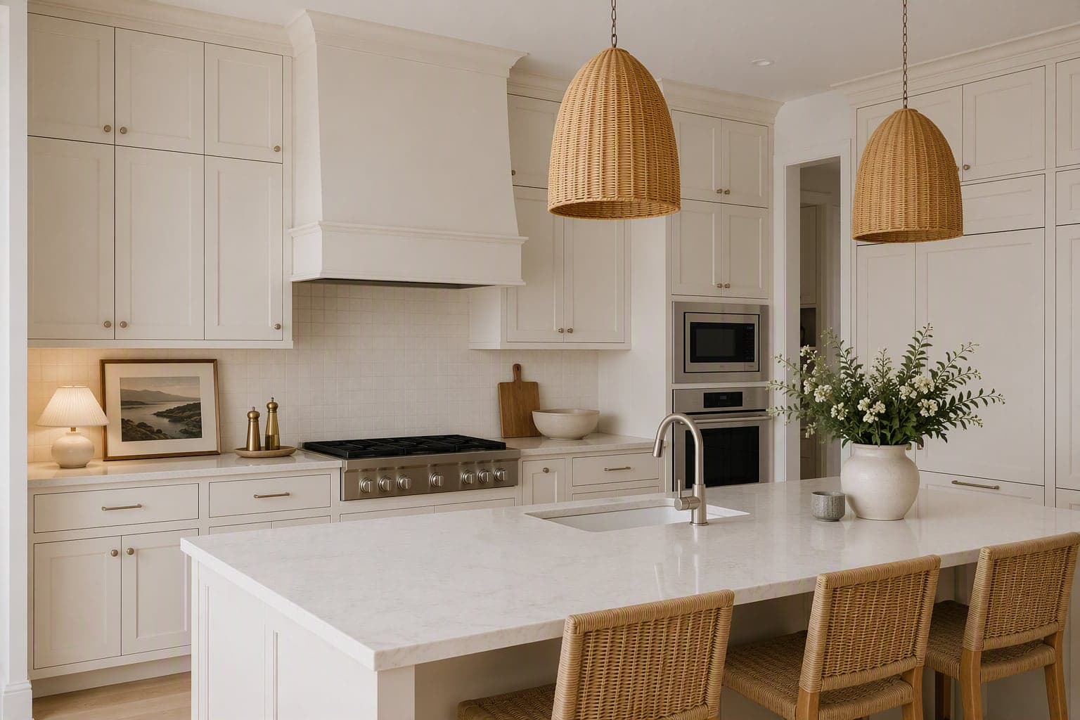 Cream kitchen with wicker pendants and a marble waterfall island