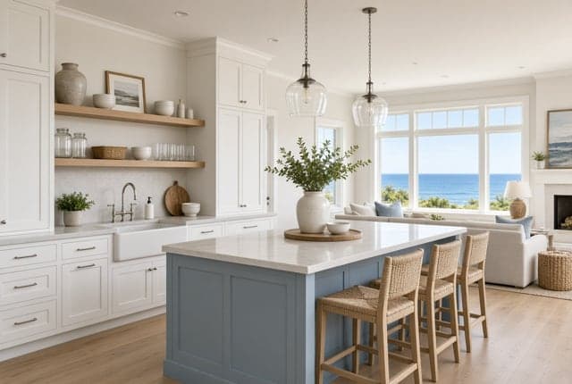 White kitchen with a soft blue island, glass pendants, and an ocean view