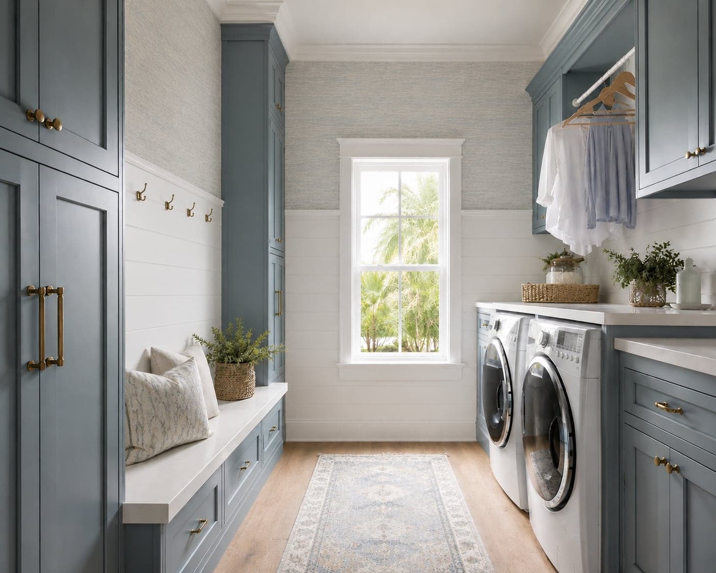 Laundry room with blue-grey cabinetry, grasscloth walls, a bench seat, and shiplap panelling