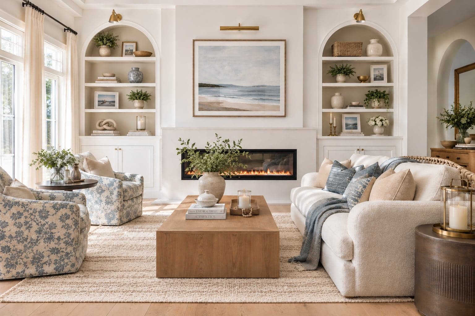 Living room with arched built-ins, a linear fireplace, and blue floral armchairs