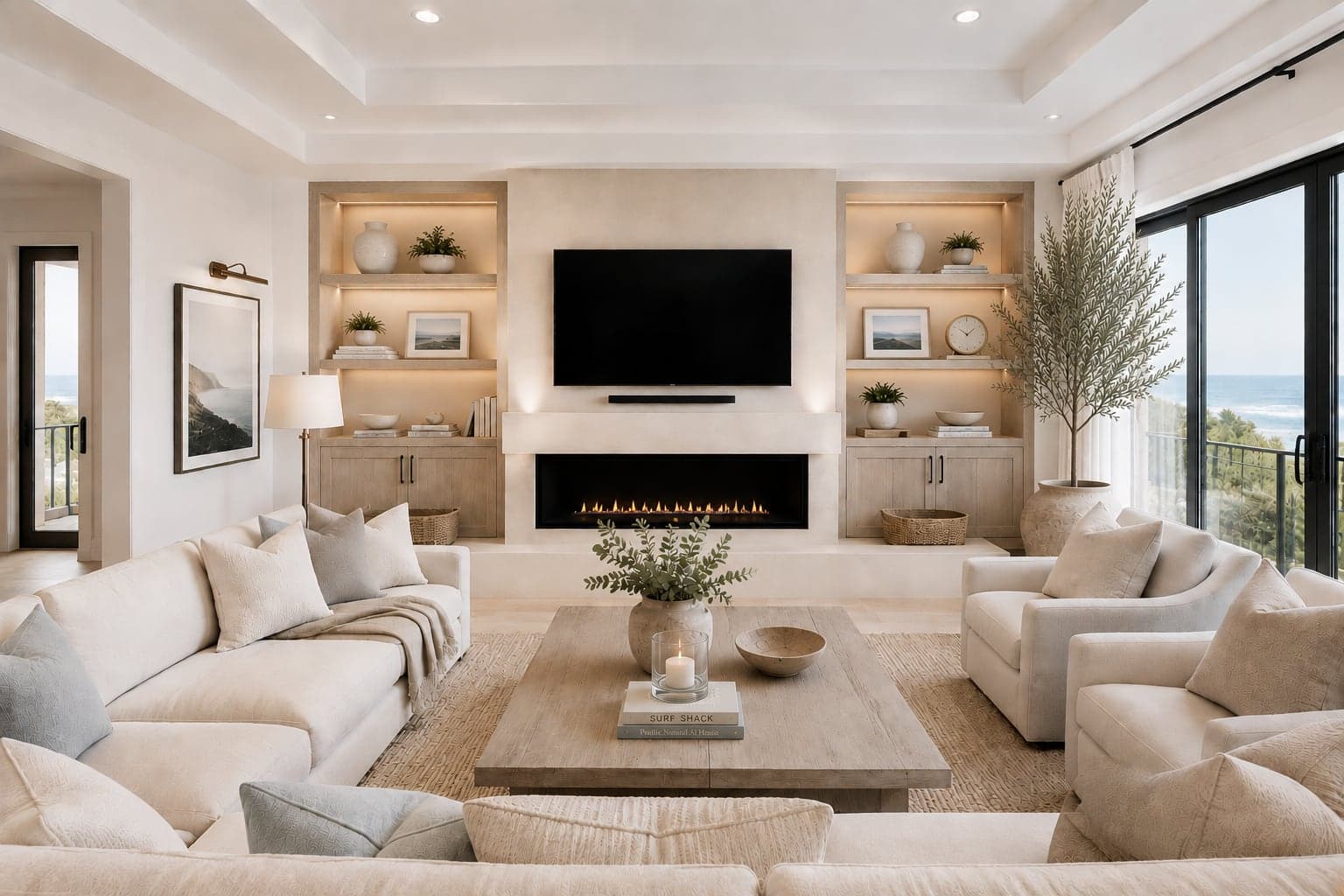 Living room with a linear fireplace, warmly lit built-in niches, and an ocean view through black-framed sliders