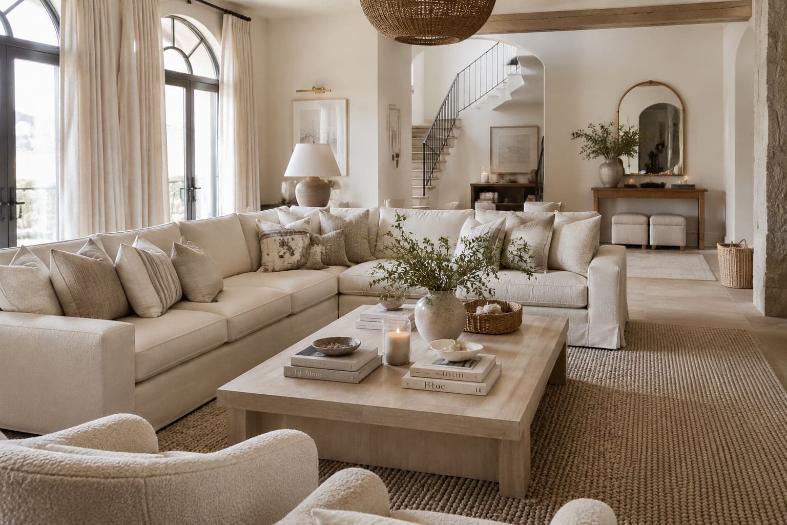 Large neutral living room with a deep sectional, arched windows, and a woven pendant