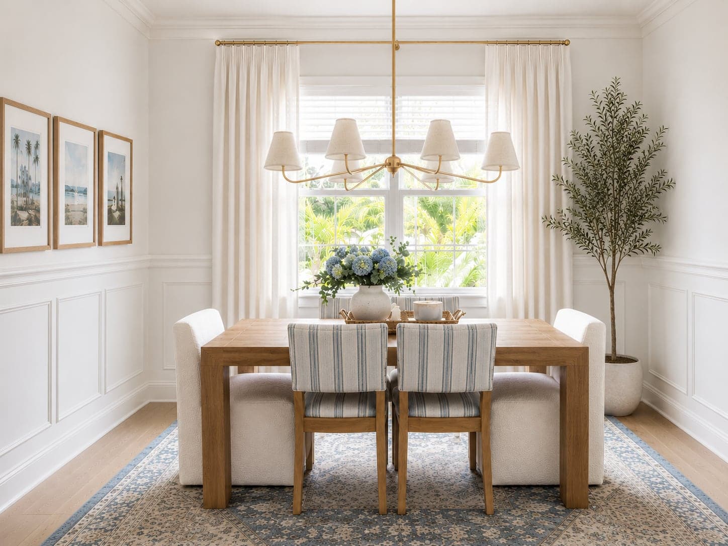 Dining room with a brass chandelier, blue striped chairs, and a patterned blue rug