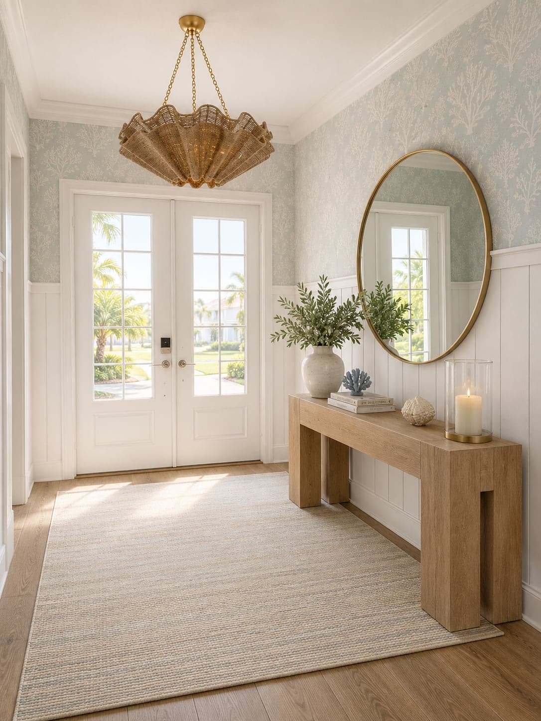 Entryway with patterned wallpaper, a scalloped pendant, an oak console, and a round gold mirror