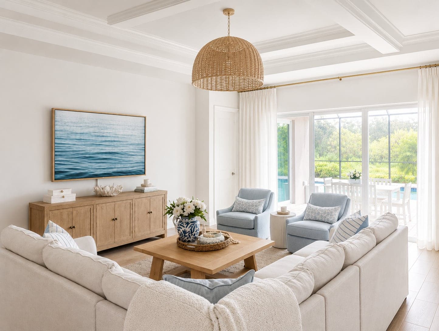 Coffered-ceiling living room with a woven dome pendant, soft blue swivel chairs, and a view out to the pool