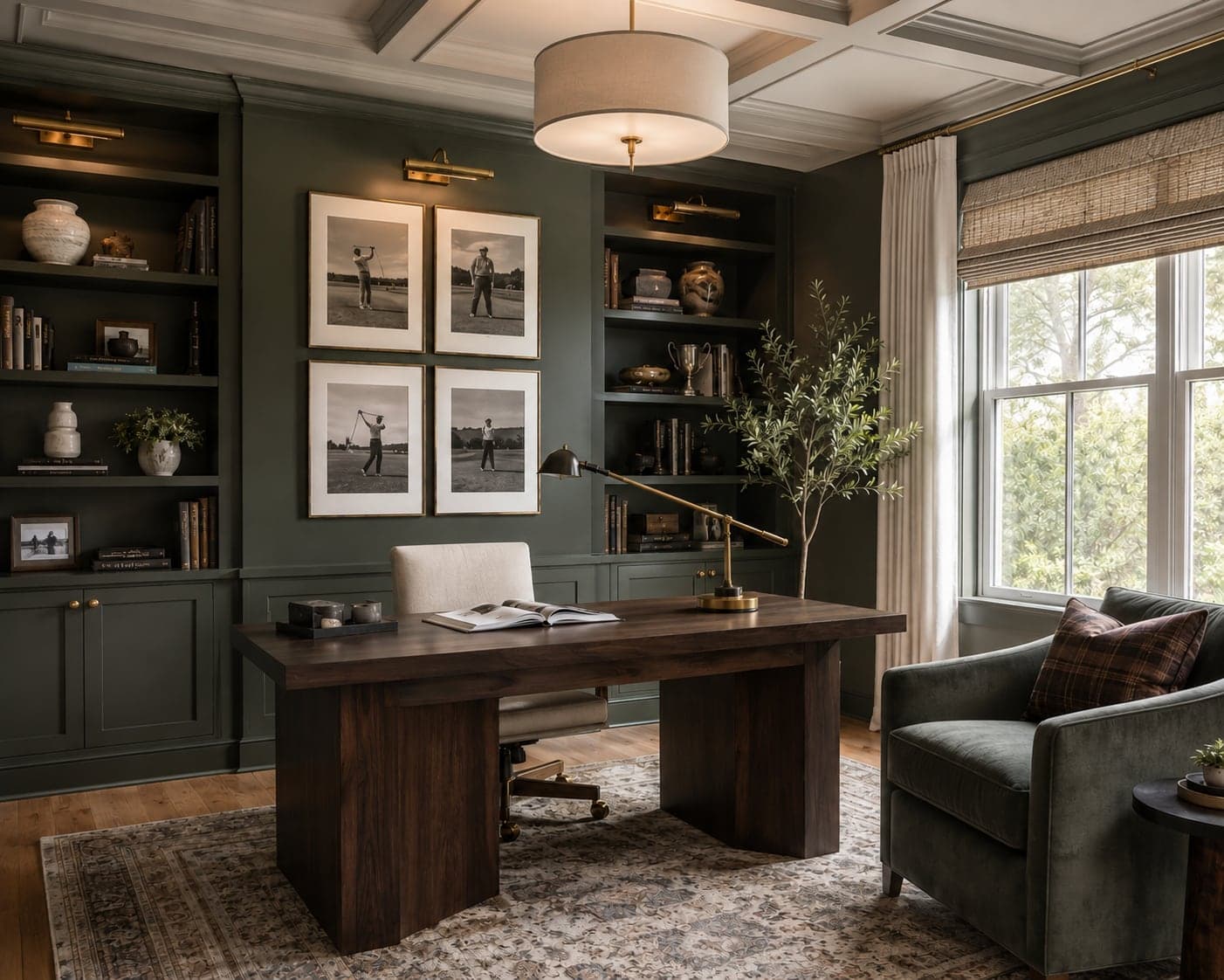 Home office with deep green panelled walls, a walnut desk, brass lighting, and a velvet armchair