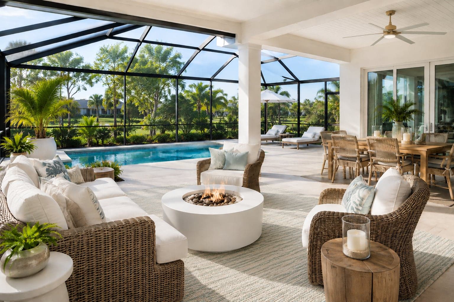 Screened lanai with a pool, a fire pit table, wicker lounge seating, and a golf course beyond