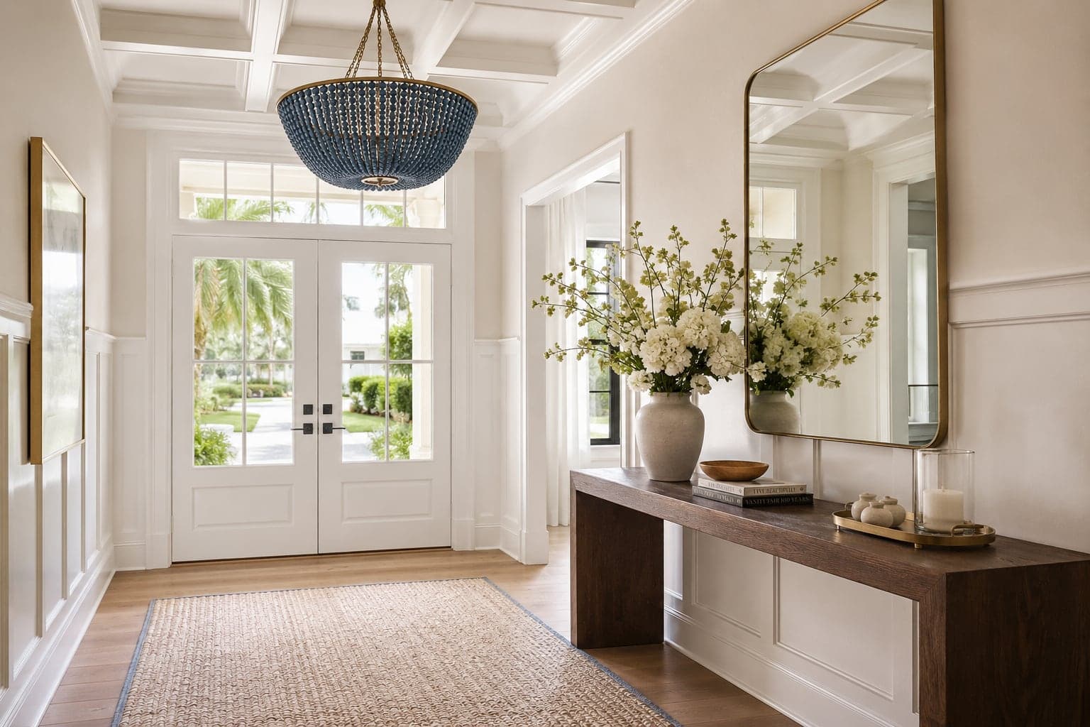 Entryway with a blue beaded chandelier, a dark wood console, and a large gold mirror